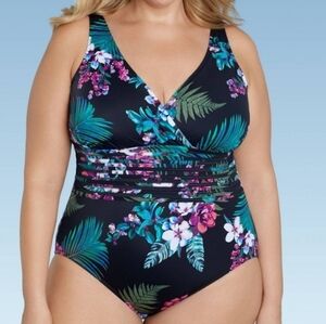 Women's UPF 50 Waist Detail Over The Shoulder One Piece Swimsuit Aqua Green  22
